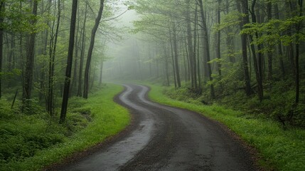 Obraz premium Winding road curving through the misty green forest landscape
