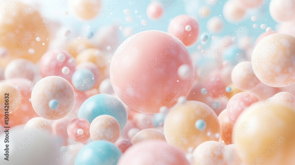 Poster numerous floating spheres of varying sizes and pastel color schemes
