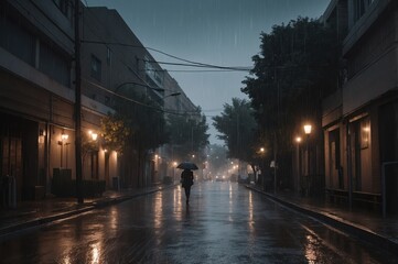 Naklejka premium Rainy evening stroll through a quiet urban street