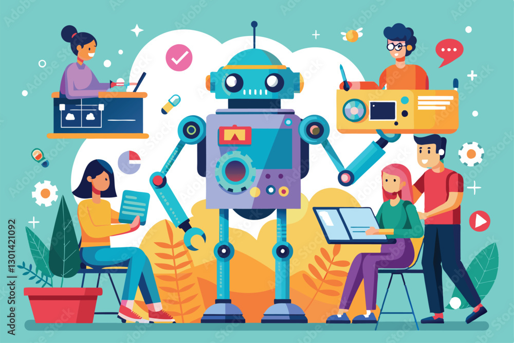 Poster a diverse group collaborates to create customizable robots, sharing ideas and designs in a vibrant s