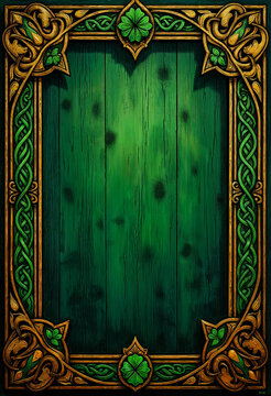 A celtic frame on a green wooden background. Background for St Patrick's Day.
