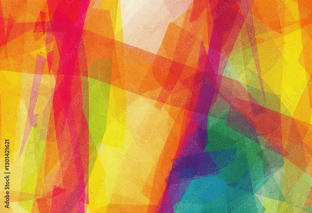 Poster vibrant abstract design with overlapping layers of red, yellow, green, and blue, creating a dynamic 
