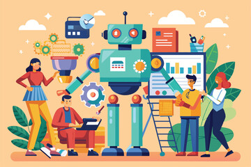 A group of individuals is engaged in designing customizable robots using various tools and technology, People creating robot Customizable Semi Flat Illustration