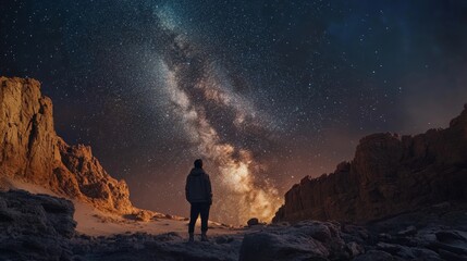 A stunning night sky filled with stars and the Milky Way. A lone figure stands in awe beneath the celestial display. Nature and wonder come together. Generative AI