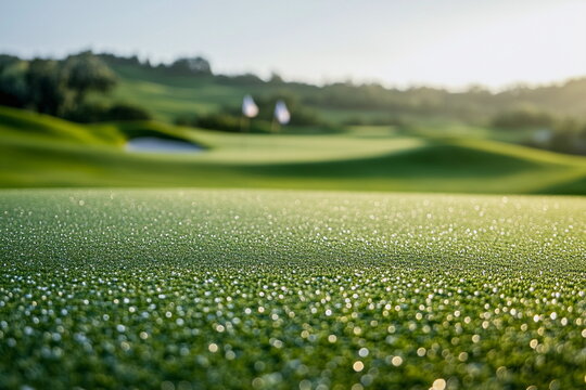 Golf course fairway at sunrise – A perfectly maintained golf course stretching into the horizon, with a glowing flagstick in the background. Ideal for themes like professional golf, luxury, outdoor sp - Powered by Adobe