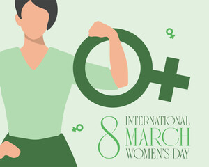 Banner & post design for March 8, Women’s Day: A girl powerfully places her hand inside the female symbol, harmonious green tones. Perfect for social media & versatile projects. #March8 #WomensDay