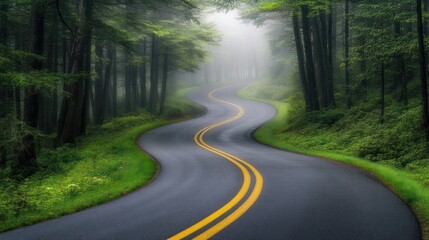 Obraz premium A winding road through a misty green forest landscape