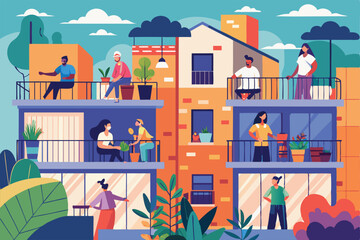 People enjoying leisure activities on colorful balconies in a sunny urban setting, People doing leisure activities on the balconies during coronavirus Customizable Flat Illustration