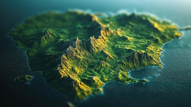 3D topographic map of an island, lush vegetation, mountainous terrain, coastal regions.  Possible use Education, geography, tourism, travel, etc.
