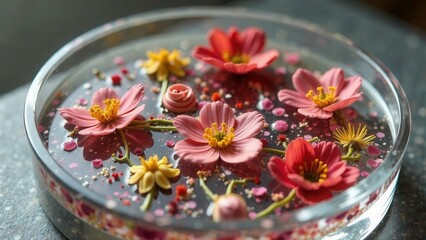 Epoxy resin combined with dried flowers in a transparent frame. Close-up. Craft