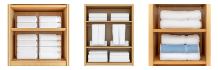 Organized Fresh Towels on Wooden Bathroom Shelves Isolated on transparent background