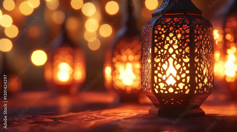 Poster several illuminated lanterns softly glowing against a dark background