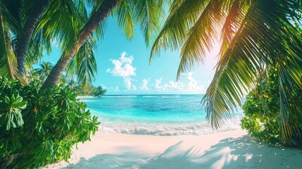 Tropical Paradise: Idyllic Beach Scene with Lush Palm Trees