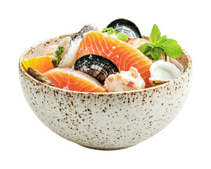 Fresh seafood bowl with salmon, clams, and citrus for healthy eating and culinary enjoyment, cut out