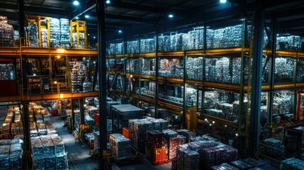 Fototapeta premium Warehouse filled with stacked materials and heavy industrial machinery