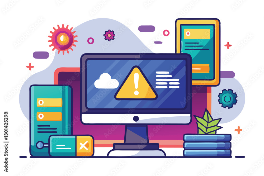 Poster a computer screen shows an operating system error with alert signs, surrounded by digital devices an