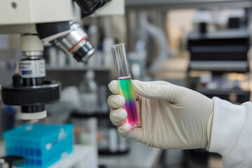Lab assistant in gloves holding a test tube with colored liquid against the background of equipment