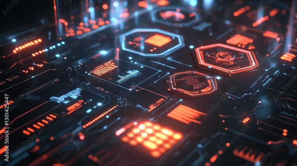 Poster a futuristic looking digital circuit board design illuminated with lights
