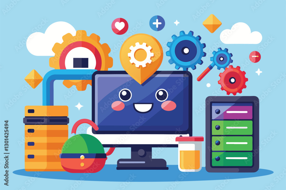 Poster a cheerful cartoon graphic shows a customizable operating system upgrade with gears and a smiling co