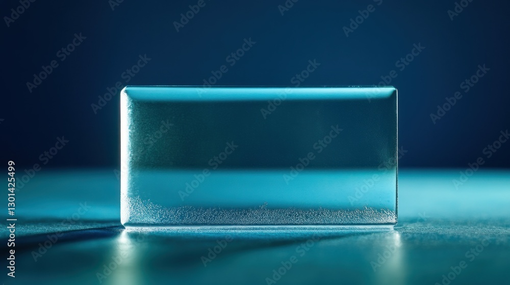 Poster a glowing rectangular glass block reflecting light on a surface