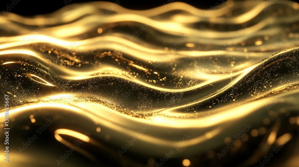 Aufkleber golden undulating waves with sparkling particles against a black background