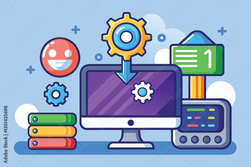 Poster a vibrant cartoon depicts the colorful process of upgrading an operating system featuring gears and 