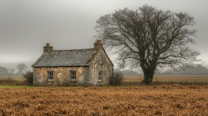 Obraz premium Abandoned stone cottage in a misty field