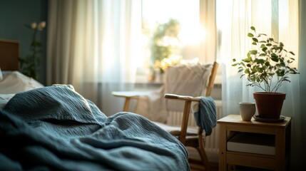 A cozy bedroom scene bathed in soft morning sunlight