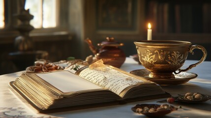 An open book and golden tea cup on a table