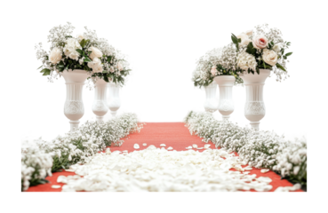 Elegant wedding ceremony setup featuring white flowers and red carpet for a romantic celebration and timeless memories, cut out