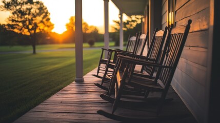 A serene sunset shines upon wooden rocking chairs on a porch
