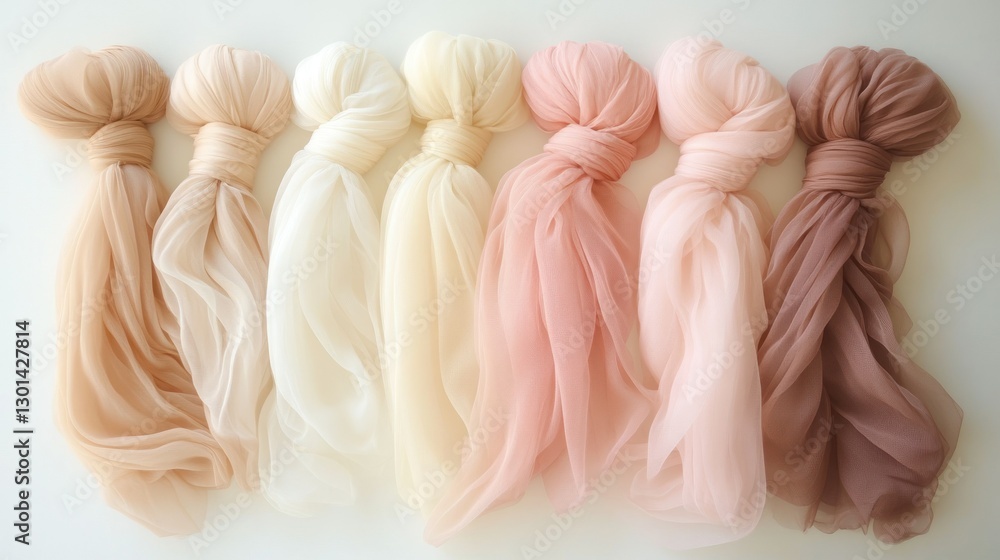 Poster different colors of tulle fabric arranged in a row