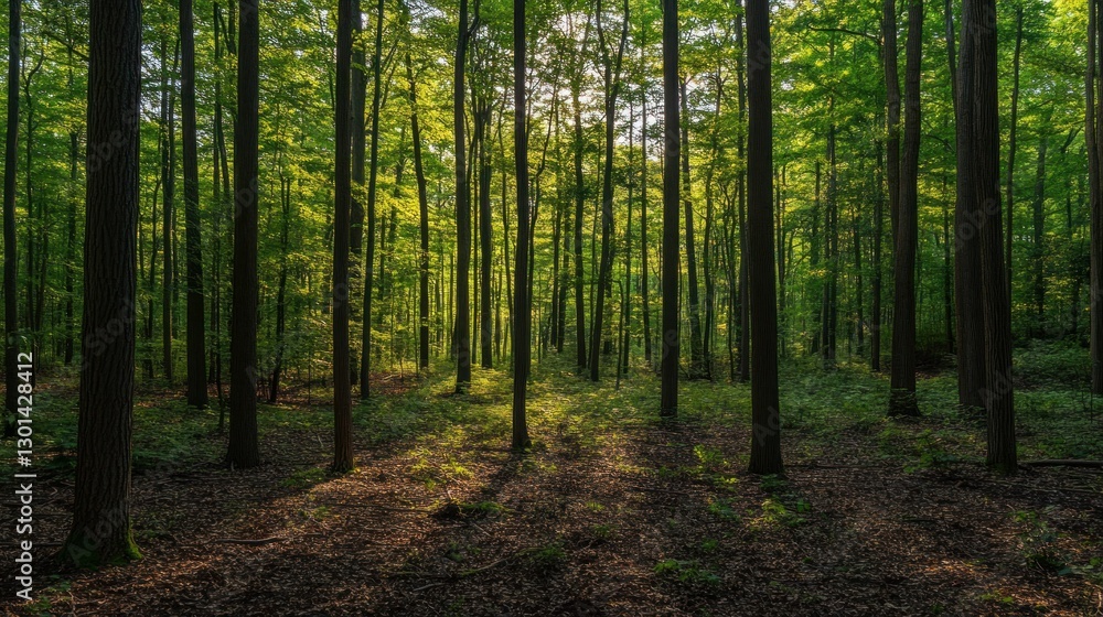 Poster sunlight filtering through tall green trees within a dense forest