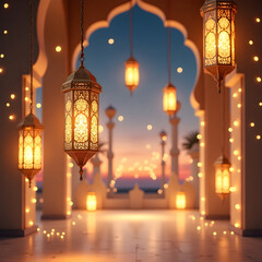 Abstract Eid and ramadan background with glowing lights and red lanterns creating a festive, vibrant atmosphere