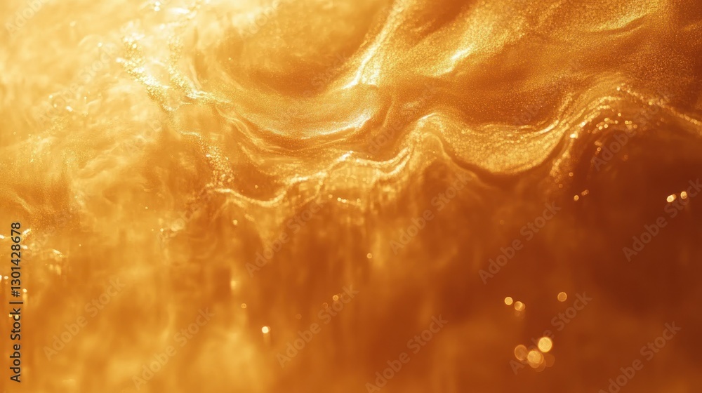 Poster an abstract golden fluid with shimmering textures and glowing features