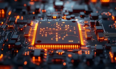 Intricate circuit board with glowing orange pathways showcasing technological advancement