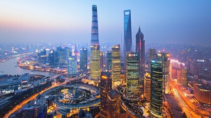 Obraz premium Shanghai Skyline at Dusk: A Panoramic View of China's Modern Metropolis