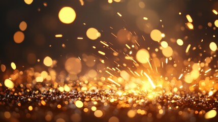 Obraz premium Glowing sparks and golden bokeh illuminate a dark background beautifully