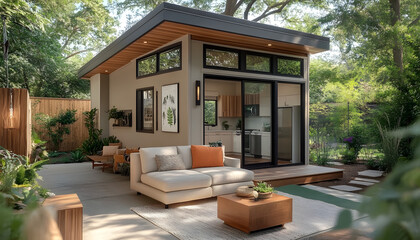 Accessory Dwelling Unit (ADU) A modern tiny house concept showcasing the versatility and efficiency of accessory dwelling units, perfect for urban living and sustainable design.