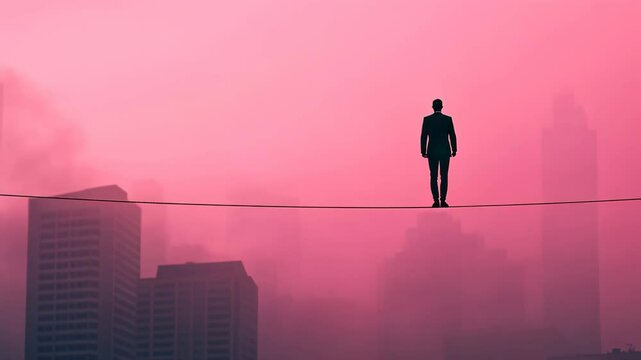 Businessman Balancing on Tightrope Against Pink Sky and Cityscape, Symbolizing Risk and Uncertainty in Corporate World
