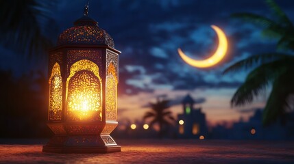 A Beautifully Illuminated Lantern Overlooking a Night Sky Crescent Moon