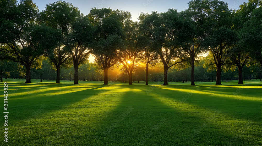 Poster sunset through row of trees in meadow