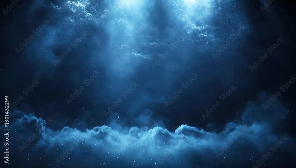 Poster ethereal blue smoke and light rays in a dark environment creating a mystical underwater atmosphere f