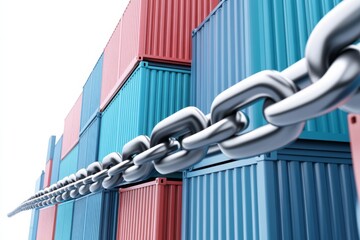 Naklejka premium Metal chain connected to shipping containers at a logistics yard with vibrant colors in daylight