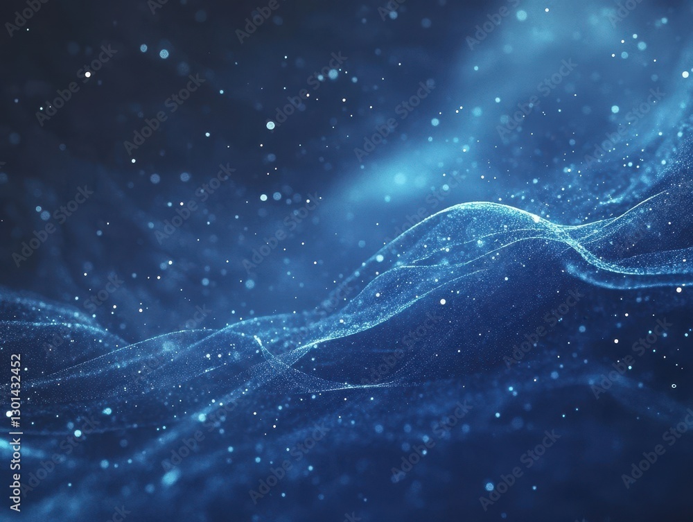 Poster ethereal blue waves of light and energy with sparkling particles in an abstract space background for