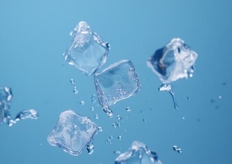 Fototapeta premium Falling ice cubes with water splashes on blue background.