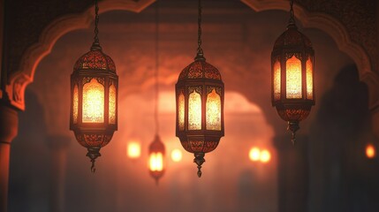 Glowing Lanterns Hung From the Ceiling of a Beautiful Structure