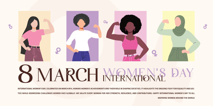 March 8 Women’s Day Banner & Post: 4 powerful women in a vibrant, empowering design. Perfect for social media & all types of projects. #March8 #WomensDay
