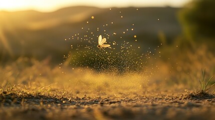 A small winged insect suspended among shimmering dust particles