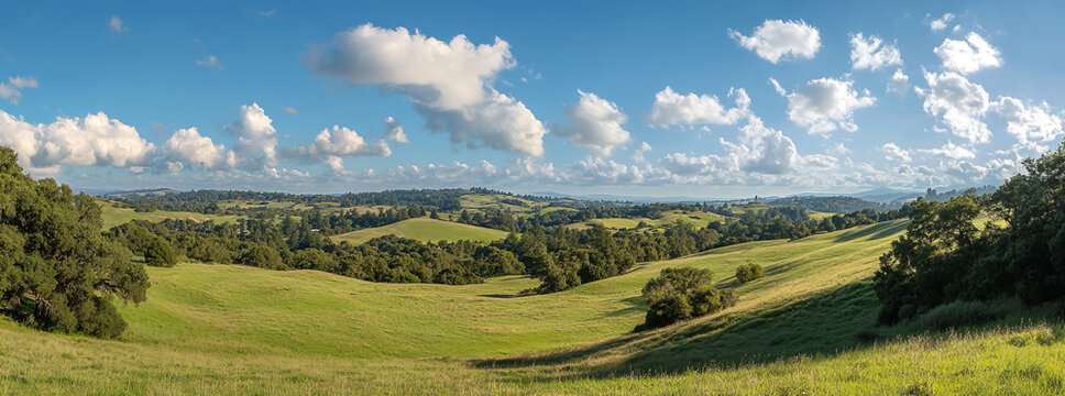 Panoramic view of rolling green hills in the distance, - Powered by Adobe